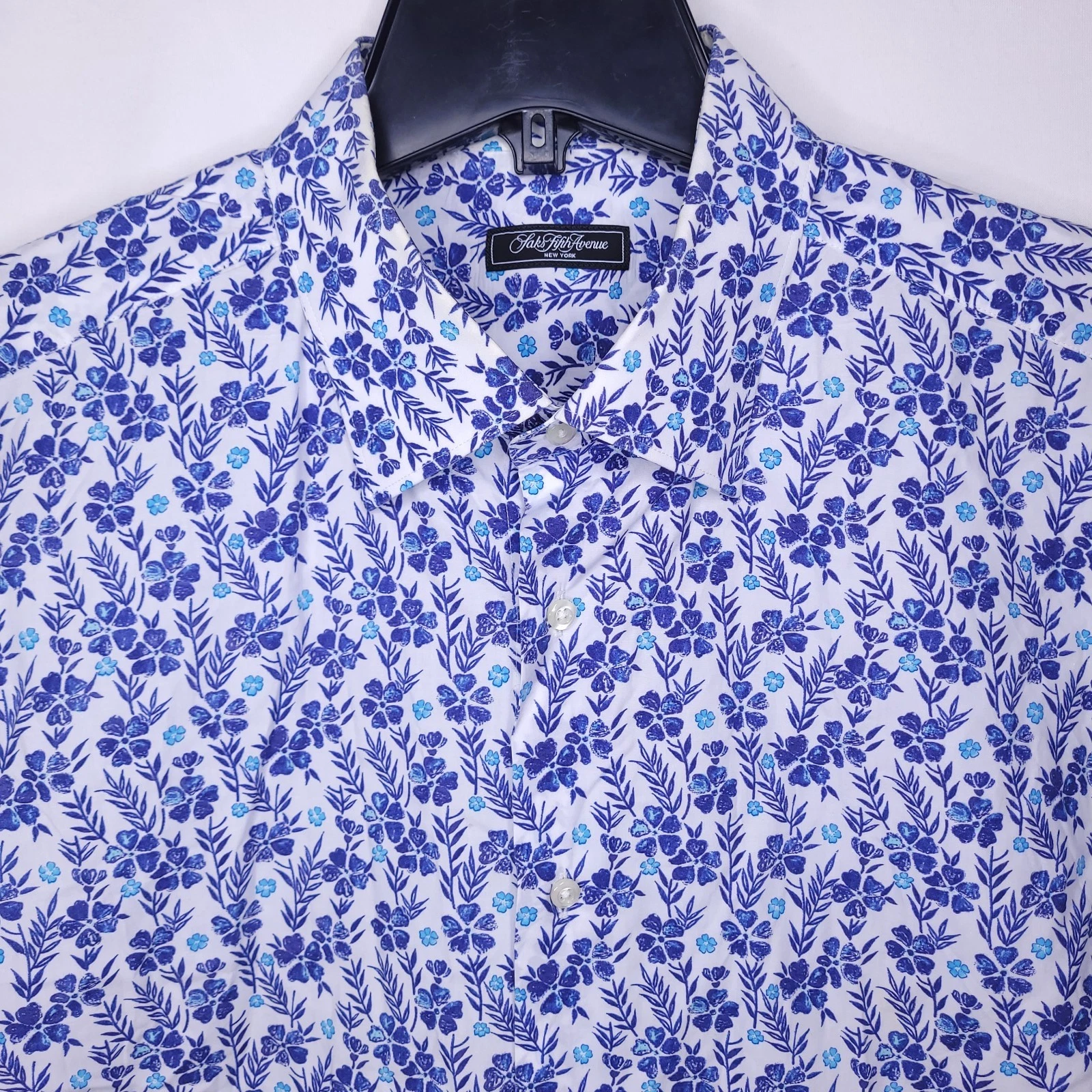 Saks Fifth Avenue Shirt Mens XL Floral Blue, White Cotton