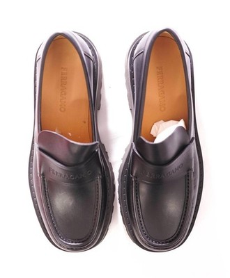 NIB FERRAGAMO BLACK LEATHER FERGAL LUG SOLE LOGO LOAFERS 11 D ITALY $995 FERRAGAMO - Leather Black  main image 3