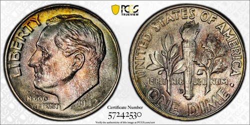 PCGS MS67 1947-D Roosevelt Dime getönt - Bild 1 von 3