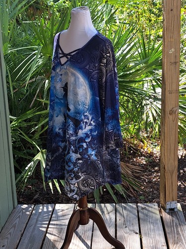 NWT One World Top Womens 3X Blue Sky Flying Witch Print Adorned Tunic Long Sleev - Picture 6 of 17