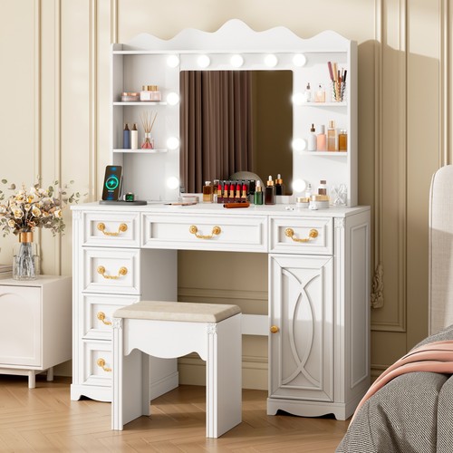 Vanity Desk with Mirror and Lights, Makeup Desk with Power Outlet and 6 Drawers - Picture 2 of 19