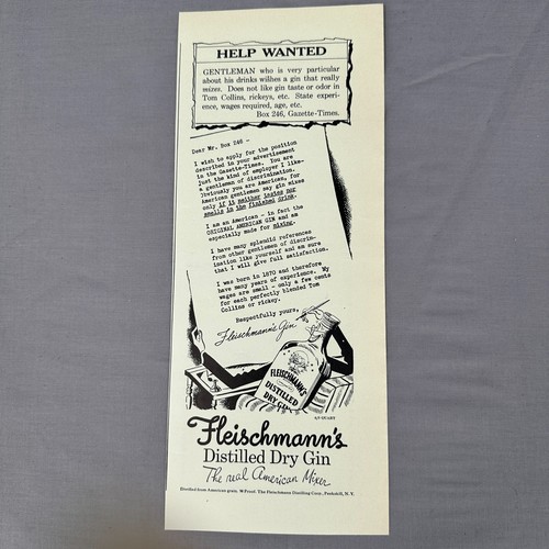1937 Fleischmanns Distilled Dry Gin Vintage Print Ad Help Wanted Bar Man Cave
