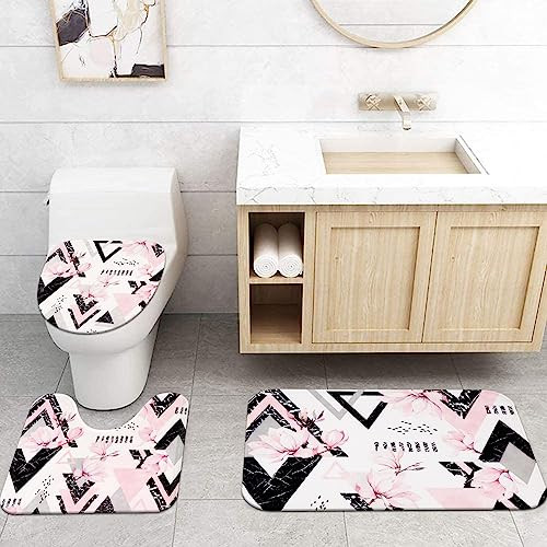 4 Pcs Pink Marble Shower Curtain Sets with Rugs, Black and White Bathroom - Picture 5 of 6