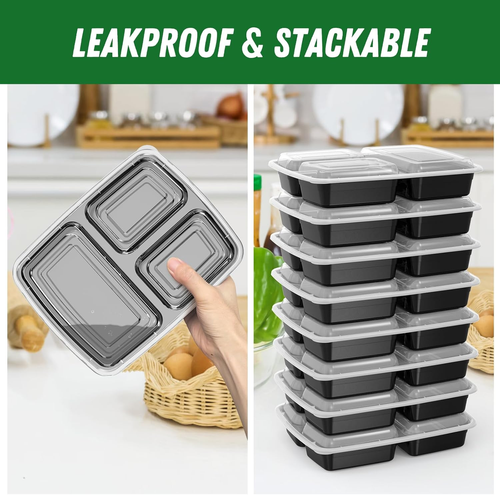 50 Pack (100-Piece) 32 Oz Meal Prep Containers Reusable with Lids 3-Compartment, - Picture 4 of 12