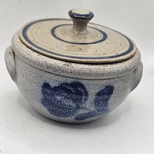 Rowe Pottery Salt Glaze Canister Bowl With Lid  Floral Tulip Design 1994?...