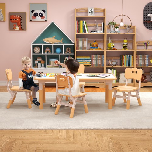 HONEY JOY Kids Table and 4 Chairs Height Adjustable Play Desk w/Graffiti Desktop - Picture 10 of 30