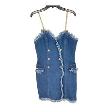 Shein Womens Dress Denim Chain 90s Large Frayed Trim Gold Button