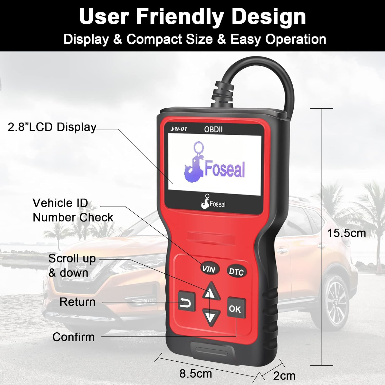 Foseal Wired Car OBD2 Scanner,Plug and Play Code Reader, Car Diagnostic