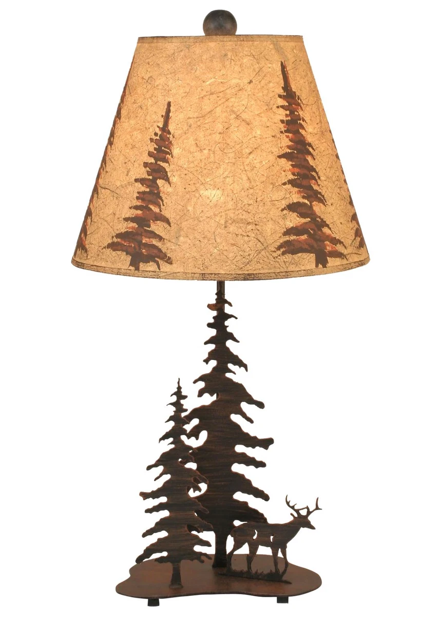 Rustic Burnt Sienna Iron Trees Deer Country Cabin Table Lamp W Trees Shade