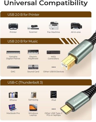 AINOPE USB C to USB B Nylon Braided High Speed Cable, Black/ Grey - Picture 2 of 11
