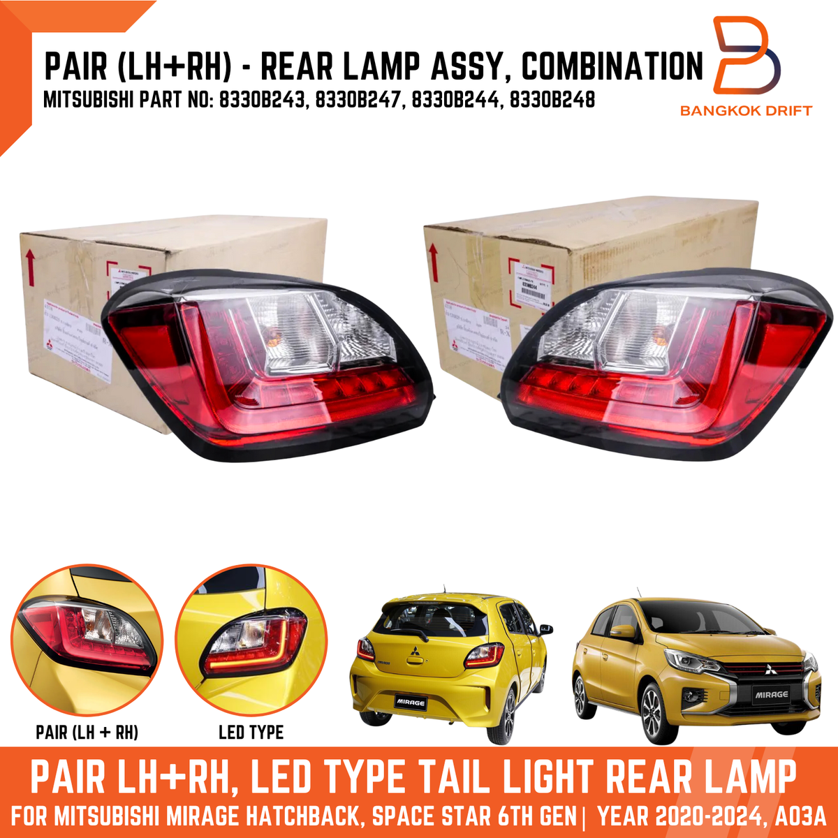 PAIR LED TAIL LAMP REAR LIGHT FOR MITSUBISHI MIRAGE HATCHBACK