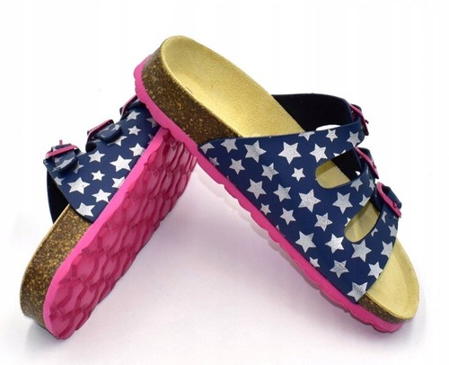 Girls Sliders Sandals Size 2 Blue Silver Star Pink Sole & Buckle Shoes Supafit - Picture 6 of 10