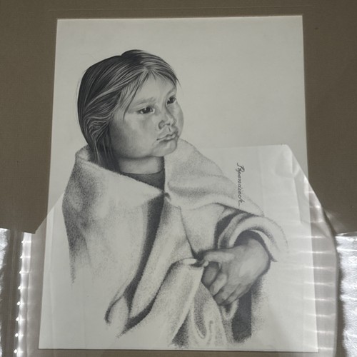 Manta de arte vintage Papendieck dibujo original niña nativa americana enmarcada - Imagen 2 de 10