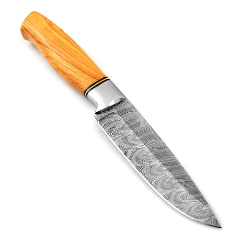 White Deer Custom Made Damascus Hunter Knife w/ Burl-Wood Handle - Picture 2 of 5