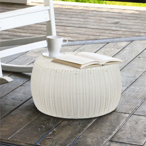 New Handwoven Round Resin Storage Ottoman, Glam Channel Stool, White/Brown - Picture 6 of 12