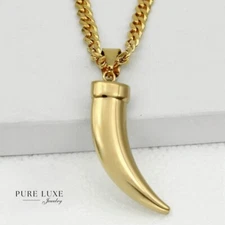 Men's Stainless Steel,Wolf fang Pendant 20" Cuban Curb Chain Gold plated*BOX