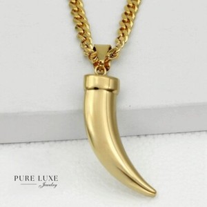 Authentic Men's,Wolf fang Pendant 20" Cuban Curb Chain Gold plated*BOX