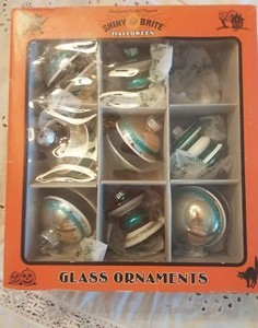 Shiny-Brite-Ornaments-Glass-Halloween-Glitter-8-in-Box-Teal-Gold-Black-Radio-Wow