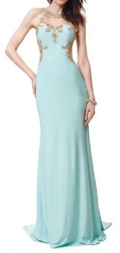 SHEER Embroidery Open Back Stretchy Long Evening Gown prom dress - Picture 2 of 6