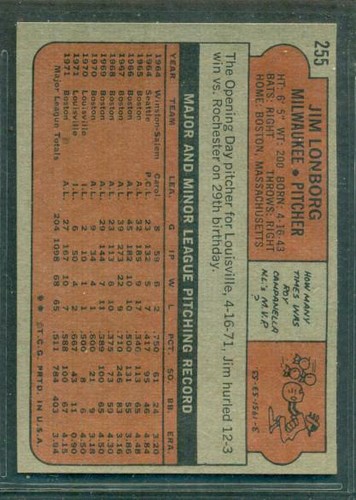 1972 TOPPS # 255 JIM LONBORG BREWERS NM - Picture 2 of 2