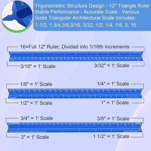 Regla a escala arquitectónica 12"" triángulo aluminio ingeniero herramienta de dibujo - Imagen 3 de 11