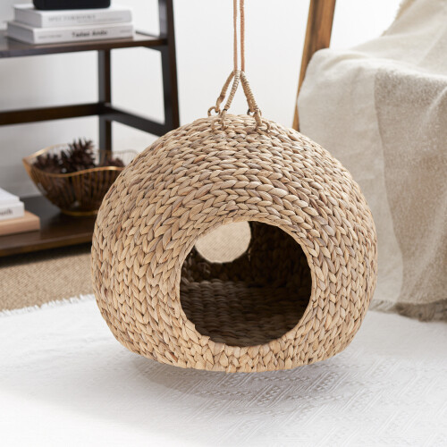 Water Hyacinth Woven Wicker Round Cat Bed Cave with Handle - Picture 3 of 7