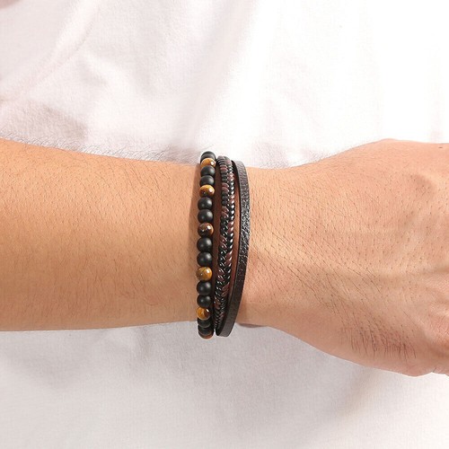 Leather Natural Stone Braided Surfer Wristband Bracelet Tiger Eyes Beaded Bangle - Picture 3 of 8