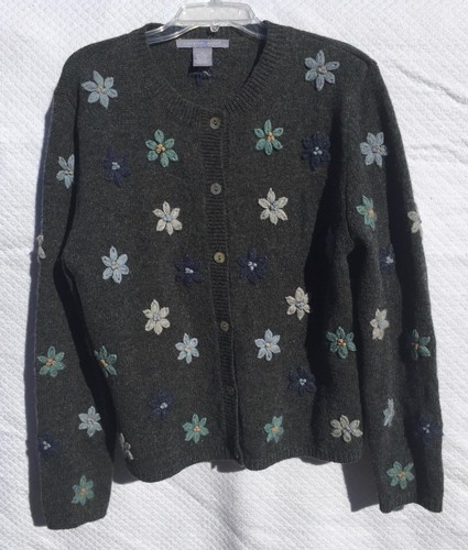 carroll reed gray shetland wool embroidered floral cardigan