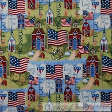 BonEful FABRIC FQ Cotton Quilt USA American Flag Scenic Country Church Farm Barn