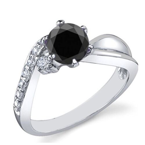 925 Silver 1.25 Carat Round Shape 100% Natural Jet Black Diamond Women's Ring