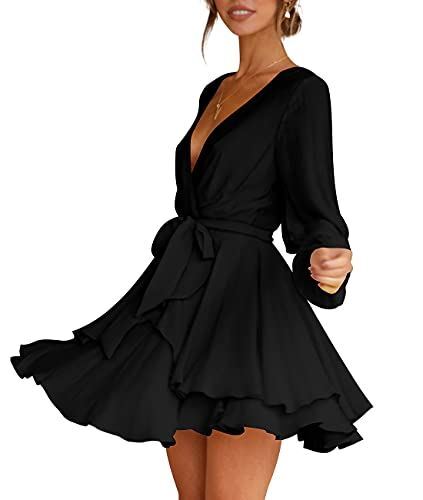 Womens Skater Dress Deep V-Neck Lantern Sleeve Tie Waist Ruffle Mini Dress Black - Picture 6 of 6