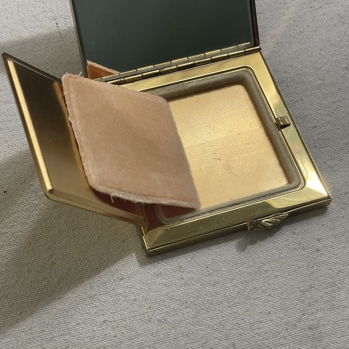 Vintage Volupte Strass Puder Make-up Kosmetik Messing Spiegel kompakt Feder Blatt - Bild 5 von 10