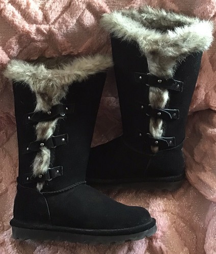 Bearpaw Women’s Emery Black Suede Faux Fur Boots Size 5