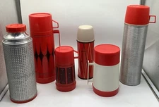 6 Thermos Aladdin Black Red Silver Plastic&Metal 7-13.5” Temp Rite Hy Lo Vintage