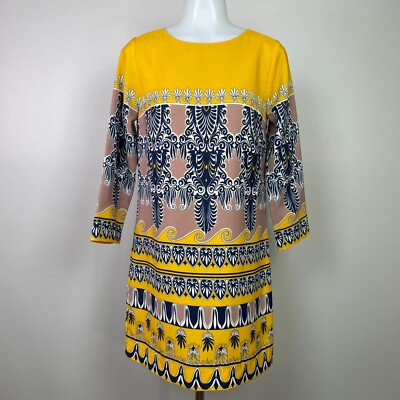 J. Crew Dress 0 Yellow Navy Blue 3/4 Sleeve Gallery Printed Shift Women's |  eBay