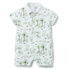 Janie and Jack Baby Tropical Toile Polo Romper Green and White Size 0-3months
