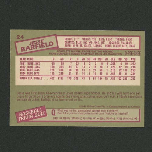 1985 O-Pee-Chee Jesse Barfield #24 Toronto Blue Jays Baseball Card - Picture 2 of 2