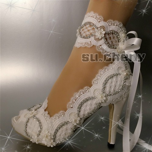 Zapatos de novia su.cheny 3"" 4"" tacón satén blanco marfil encaje perla punta abierta boda zapatos - Imagen 27 de 32