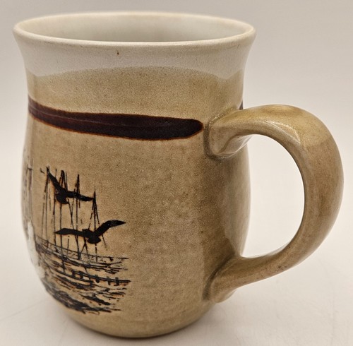 Taza de cerámica artesanal marrón vintage gaviota playa tema náutico - Imagen 7 de 10