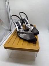 Vtg Stuart Weitzman for Martinique Silver Leather Jeweled Slingback Heels Sz 7.5