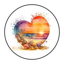 30 BEACH STICKERS ENVELOPE SEALS LABELS 1.5" ROUND WATERCOLOR HEART OCEAN