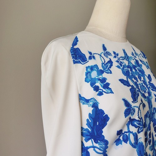 TED BAKER Cream Blue Print 3/4 Sleeve Shift Dress Lined - Size 1 AUS 8 - Picture 4 of 8