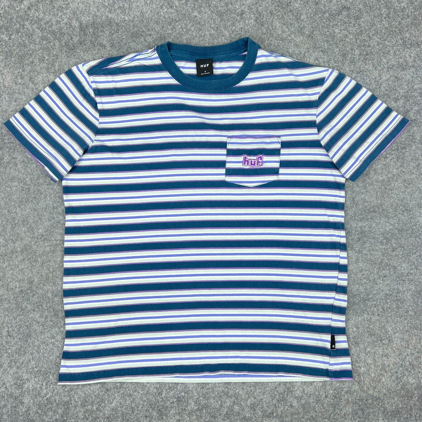 Huf Shirt Mens Small Blue Purple Striped Short Sleeve Pocket Tee Skate  Casual