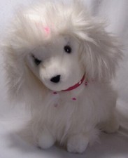 1985 Dakin Plush White Toy Poodle 9" tall 9" long Pink Collar Sequins at Neck