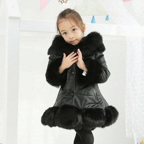 Girls Warm Kids Quilted Winter Coat PU Jacket Puffer Fur Trim Hooded Parka Gift - Picture 10 of 24