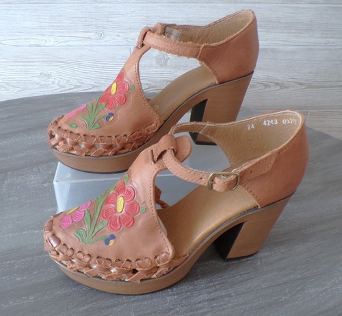 Huaraches pelle punta chiusa plateau tacco a blocco floreale taglia 24 = 7,5 boho nuovo - Foto 5 di 14