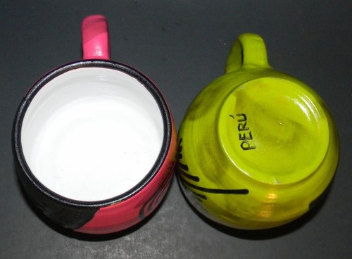 Ceramic Coffee Cup Mug Peruvian Pottery Art Nazca Sign Peru Set 2 Pink & Green - Picture 6 of 6