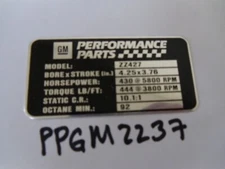 CHECKER MARATHON GM PERFORMANCE PARTS ENGINE DATA PLATE TAG ZZ427 OEM F4