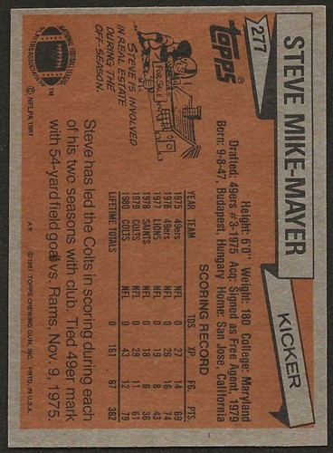 1981 Topps #277 Steve Mike-Mayer Baltimore Colts - Imagen 2 de 2
