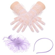 Fascinators Hat Clip Set with Hairband  Short Floral Lace Gloves Light Purple